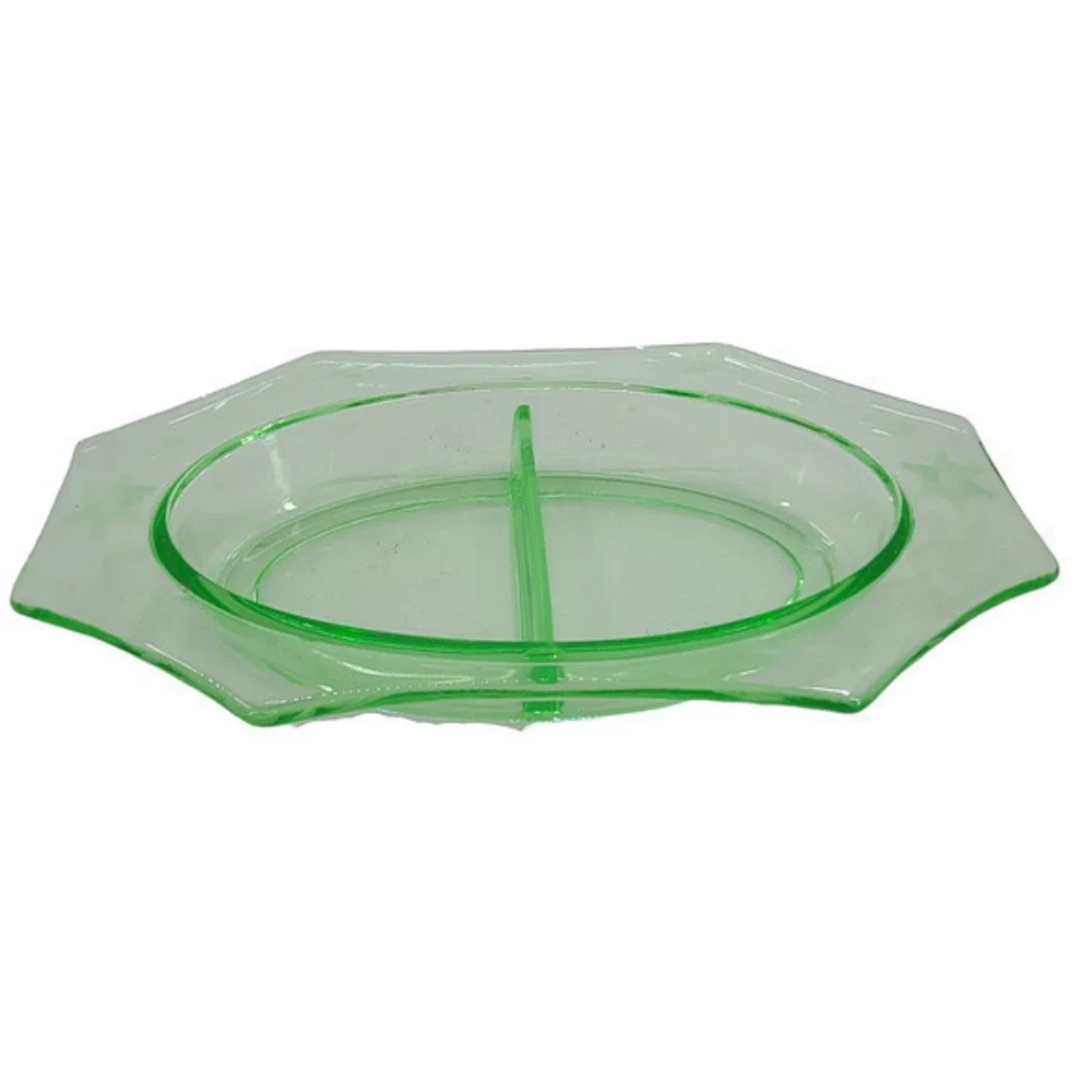 Uranium Green 2 Divided Etched‎ Appetizer  Vegetable Vintage Glass Bowl
